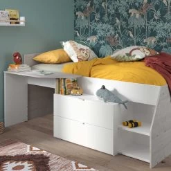 Lit Banquette Milky Avec Bureau Et Tiroirs - Blanc/chêne