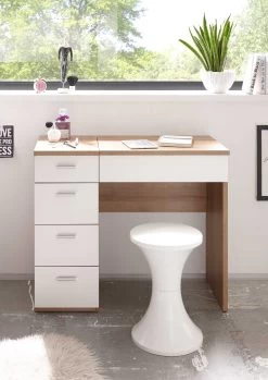 Coiffeuse Loïs 90cm 1 Porte & 4 Tiroirs - Décor En Chêne Clair/ Blanc -Magasin De Meubles Make up Schminktisch Sonoma Wei Frontal 36 109 68 46a3