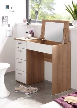 Coiffeuse Loïs 90cm 1 Porte & 4 Tiroirs - Décor En Chêne Clair/ Blanc -Magasin De Meubles Make up Schminktisch Sonoma Wei Offen 36 109 68 4b5e