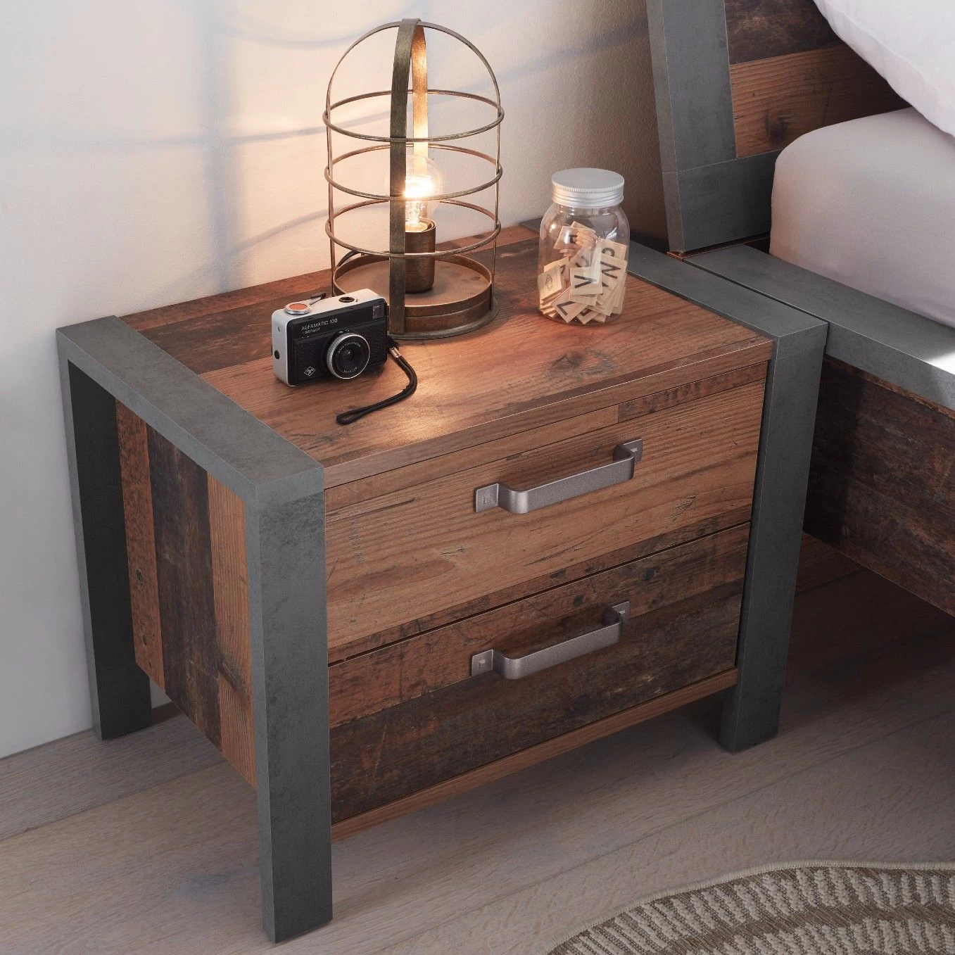 Table De Chevet Hamsik 60cm Avec 2 Tiroirs - Vieux Style/béton 1 Table De Chevet Hamsik 60cm Avec 2 Tiroirs - Vieux Style/béton