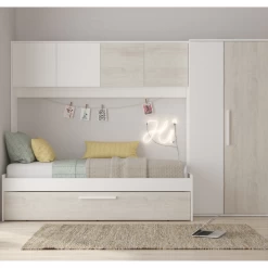 Lit Lev 90x200 Cm Avec Armoire Et Tiroir De Lit - Pin/blanc