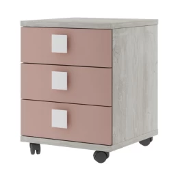 Table De Chevet Bo0 Avec Roulettes, 3 Tiroirs Et Poignée Carrée - Pin/ Vieux Rose