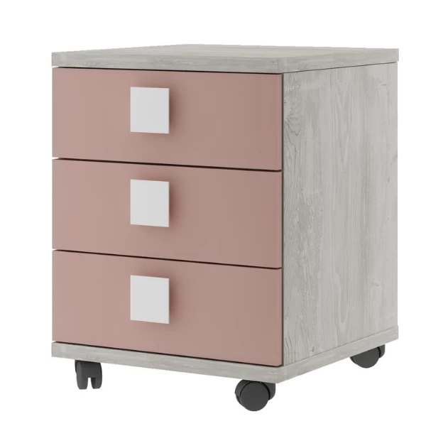 Table De Chevet Bo0 Avec Roulettes, 3 Tiroirs Et Poignée Carrée - Pin/ Vieux Rose 1 Table De Chevet Bo0 Avec Roulettes, 3 Tiroirs Et Poignée Carrée - Pin/ Vieux Rose