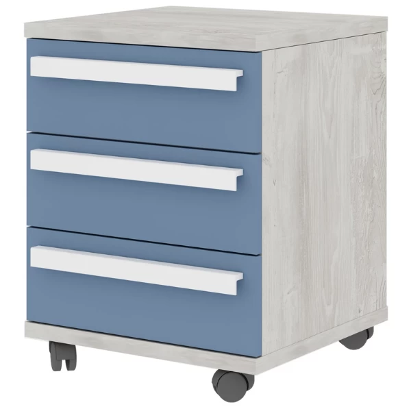 Table De Chevet Bo0 Avec Roulettes, 3 Tiroirs Et Poignée Oblongue - Pin/bleu 1 Table De Chevet Bo0 Avec Roulettes, 3 Tiroirs Et Poignée Oblongue - Pin/bleu