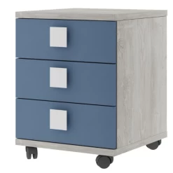 Table De Chevet Bo0 Avec Roulettes, 3 Tiroirs Et Poignée Carrée - Pin/bleu