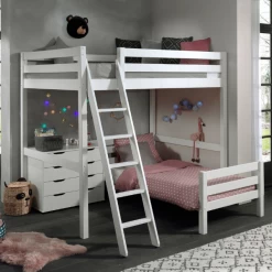 Lit Mezzanine Claire 140 X 200cm Avec Lit Anne 90 X 200cm Et Chiffonnier- Blanc