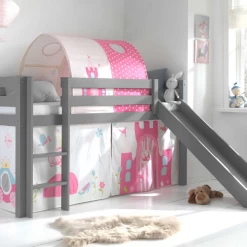 Lit Mi-hauteur Avec Toboggan Astrid Avec Tente Et Tunnel De Lit Princess II - Gris