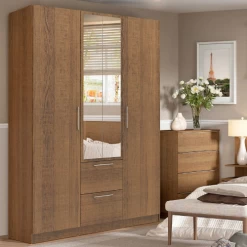 Armoire Noke 137cm Avec 3 Portes, 2 Tiroirs & Miroir - Noyer