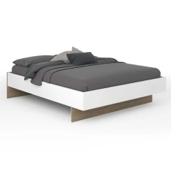 Lit Double Moloko 140x190cm - Blanc Brillant Et Aspect Chêne