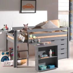 Lit Mi-hauteur Charlotte Avec Bureau, Chiffonnier Et étagère - Gris
