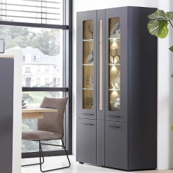 Vitrine Lorna 80cm 4 Portes Avec éclairage - Anthracite/chêne