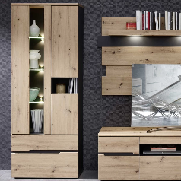 Armoire Vitrine Medina 3 Portes & 2 Tiroirs - Chêne/anthracite 1 Armoire Vitrine Medina 3 Portes & 2 Tiroirs - Chêne/anthracite