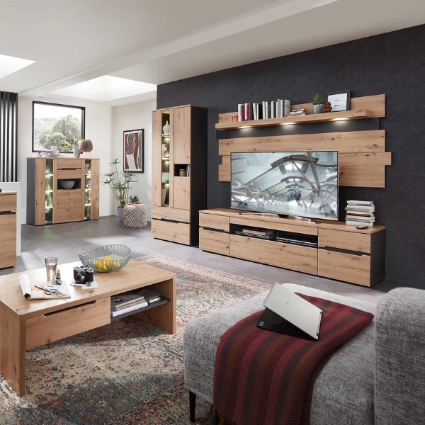 Armoire Vitrine Medina 3 Portes & 2 Tiroirs - Chêne/anthracite 2 Armoire Vitrine Medina 3 Portes & 2 Tiroirs - Chêne/anthracite – Image 2