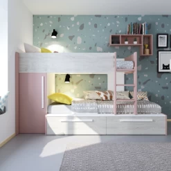 Lit Superposé Fleur Avec Armoire Et Tiroirs - Vieux Rose