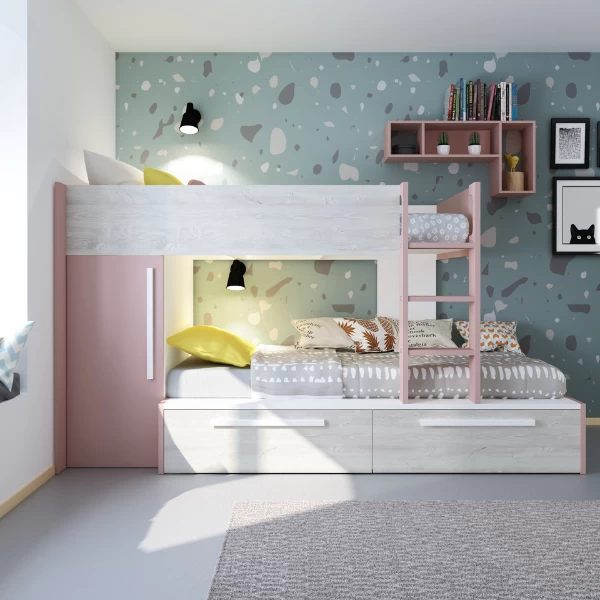 Lit Superposé Fleur Avec Armoire Et Tiroirs - Vieux Rose 1 Lit Superposé Fleur Avec Armoire Et Tiroirs - Vieux Rose