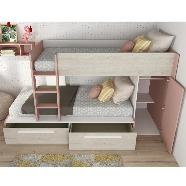 Lit Superposé Fleur Avec Armoire Et Tiroirs - Vieux Rose 2 Lit Superposé Fleur Avec Armoire Et Tiroirs - Vieux Rose – Image 2