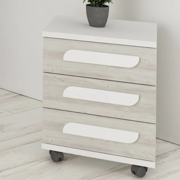 Table De Chevet Bo0 Avec Roulettes, 3 Tiroirs Et Poignée Oblongue - Blanc/pin 1 Table De Chevet Bo0 Avec Roulettes, 3 Tiroirs Et Poignée Oblongue - Blanc/pin