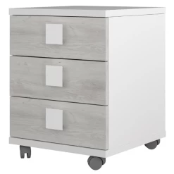 Table De Chevet Bo0 Avec Roulettes, 3 Tiroirs Et Poignées Carrées- Blanc/pin