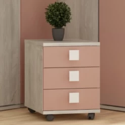 Table De Chevet Bo0 Avec Roulettes, 3 Tiroirs Et Poignée Carrée - Blanc/ Vieux Rose