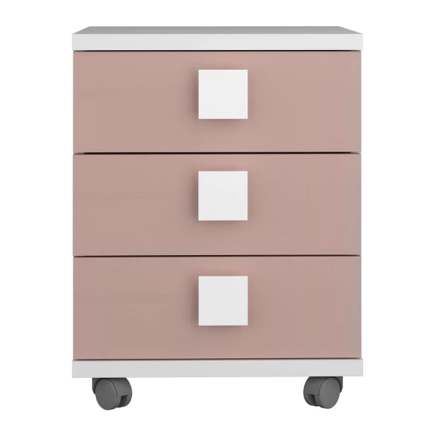Table De Chevet Bo0 Avec Roulettes, 3 Tiroirs Et Poignée Carrée - Blanc/ Vieux Rose 5 Table De Chevet Bo0 Avec Roulettes, 3 Tiroirs Et Poignée Carrée - Blanc/ Vieux Rose – Image 5