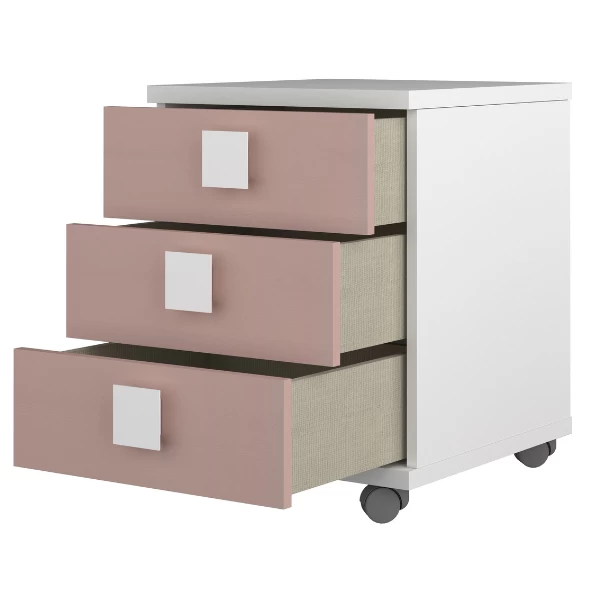 Table De Chevet Bo0 Avec Roulettes, 3 Tiroirs Et Poignée Carrée - Blanc/ Vieux Rose 3 Table De Chevet Bo0 Avec Roulettes, 3 Tiroirs Et Poignée Carrée - Blanc/ Vieux Rose – Image 3
