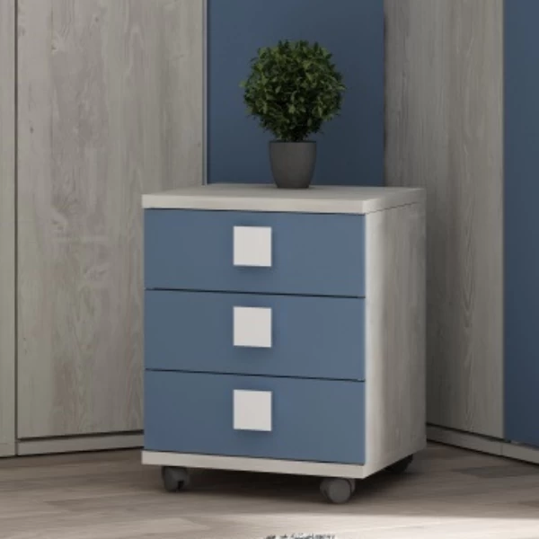 Table De Chevet Bo0 Avec Roulettes, 3 Tiroirs Et Poignée Carrée - Blanc/bleu 1 Table De Chevet Bo0 Avec Roulettes, 3 Tiroirs Et Poignée Carrée - Blanc/bleu