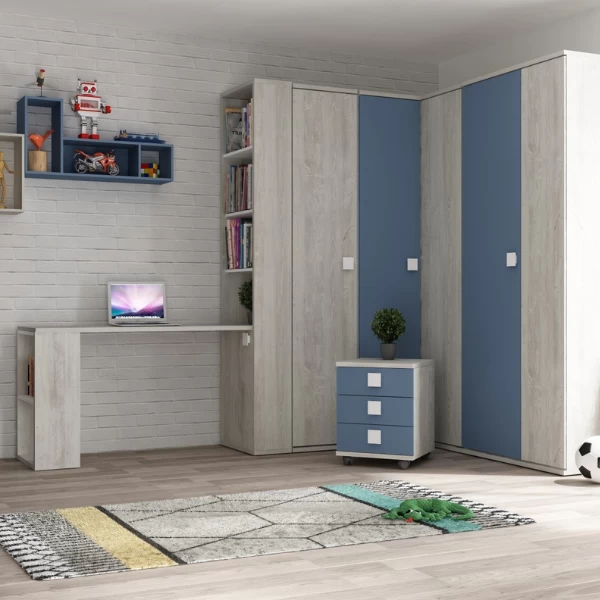 Table De Chevet Bo0 Avec Roulettes, 3 Tiroirs Et Poignée Carrée - Blanc/bleu 2 Table De Chevet Bo0 Avec Roulettes, 3 Tiroirs Et Poignée Carrée - Blanc/bleu – Image 2