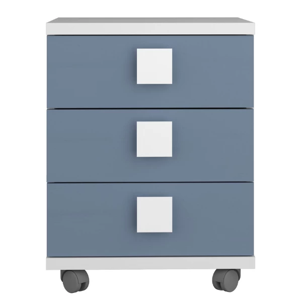 Table De Chevet Bo0 Avec Roulettes, 3 Tiroirs Et Poignée Carrée - Blanc/bleu 5 Table De Chevet Bo0 Avec Roulettes, 3 Tiroirs Et Poignée Carrée - Blanc/bleu – Image 5