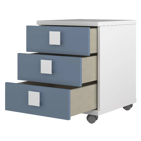 Table De Chevet Bo0 Avec Roulettes, 3 Tiroirs Et Poignée Carrée - Blanc/bleu 3 Table De Chevet Bo0 Avec Roulettes, 3 Tiroirs Et Poignée Carrée - Blanc/bleu – Image 3