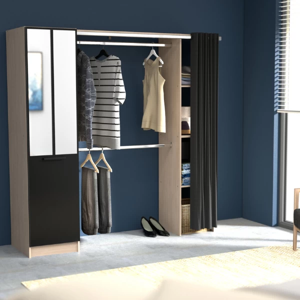 Armoire Botan 180 Cm-1 Porte Tournante, 3 étagères, 1 Tringle, 1 Rideau-chêne 2 Armoire Botan 180 Cm-1 Porte Tournante, 3 étagères, 1 Tringle, 1 Rideau-chêne – Image 2