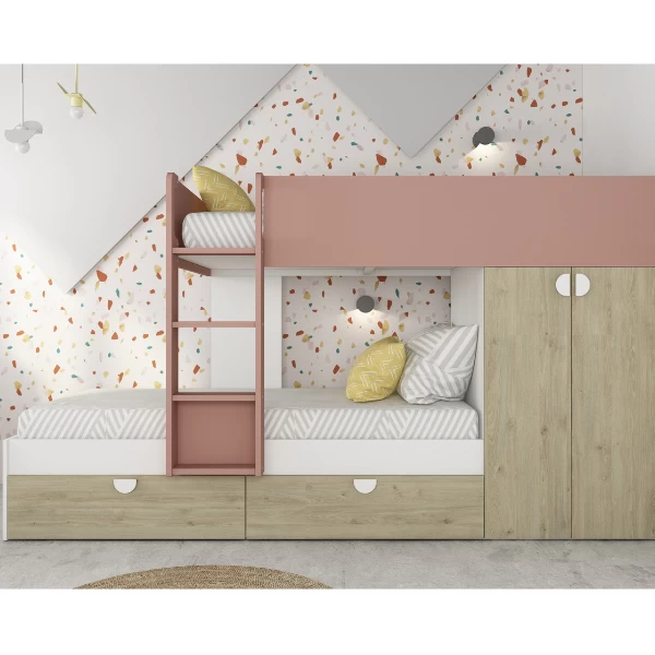 Lit Superposé Jip Avec Armoire Et Tiroirs - Chêne/blanc/rose Foncé 3 Lit Superposé Jip Avec Armoire Et Tiroirs - Chêne/blanc/rose Foncé – Image 3