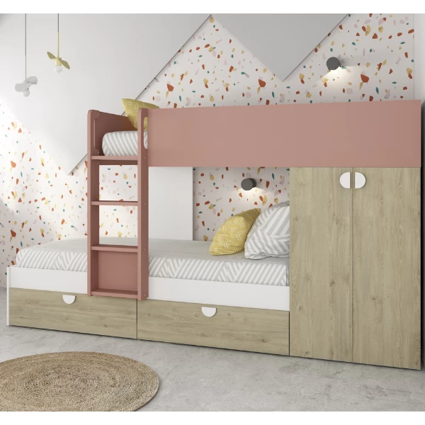 Lit Superposé Jip Avec Armoire Et Tiroirs - Chêne/blanc/rose Foncé 4 Lit Superposé Jip Avec Armoire Et Tiroirs - Chêne/blanc/rose Foncé – Image 4