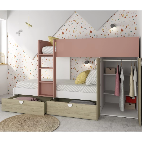 Lit Superposé Jip Avec Armoire Et Tiroirs - Chêne/blanc/rose Foncé 2 Lit Superposé Jip Avec Armoire Et Tiroirs - Chêne/blanc/rose Foncé – Image 2