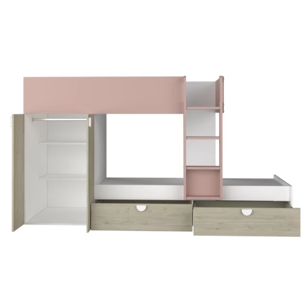 Lit Superposé Jip Avec Armoire Et Tiroirs - Chêne/blanc/rose Foncé 7 Lit Superposé Jip Avec Armoire Et Tiroirs - Chêne/blanc/rose Foncé – Image 7