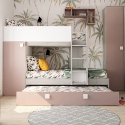 Lit Superposé Lio Avec Armoire Et Tiroir-lit - Pin/blanc/rose Vieux