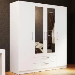 Armoire Rhea, 4 Portes Tournantes, 1 étagère, 1 Tringle Et 2 Tiroirs-blanc