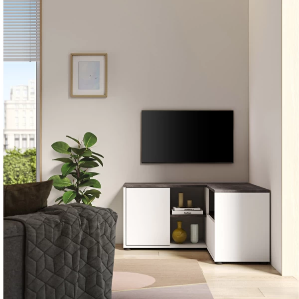 Meuble TV Annelle 1 Porte Tournante, 1 Porte Abattante Et 2 étagères-béton/blanc 4 Meuble TV Annelle 1 Porte Tournante, 1 Porte Abattante Et 2 étagères-béton/blanc – Image 4