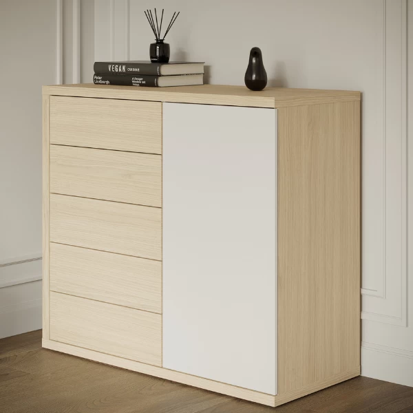 Commode Helena 5 Tiroirs, 1 Porte Tournante Et 1 Tringle-chêne Clair/blanc 1 Commode Helena 5 Tiroirs, 1 Porte Tournante Et 1 Tringle-chêne Clair/blanc