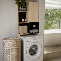 Meuble Pour Machine à Laver Kuba 4 étagères, 1 Porte Tournante-chêne Clair/noir