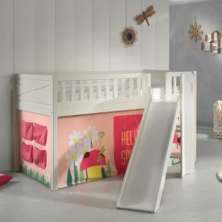 Lit Mi-hauteur Scottie 90x200 Cm Avec Toboggan Et Rideau De Jeu Printemps-blanc