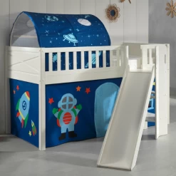 Lit Mi-hauteur Scottie 90x200 Cm Avec Toboggan, Rideau De Jeu Astronautes Et Tunnel De Lit-blanc