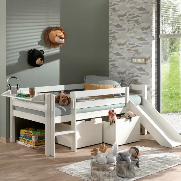 Lit Mi-hauteur Pip 90x200 Cm+toboggan,2 Tiroirs Et étagère Suspendue-blanc 7 Lit Mi-hauteur Pip 90x200 Cm+toboggan,2 Tiroirs Et étagère Suspendue-blanc – Image 7