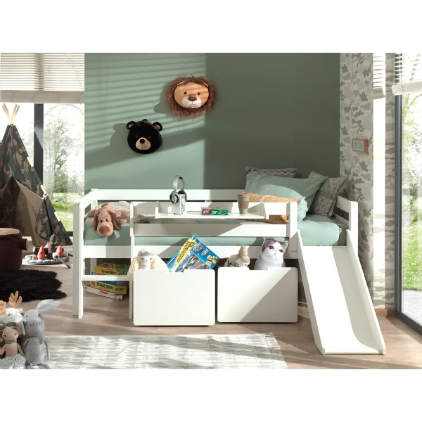 Lit Mi-hauteur Pip 90x200 Cm+toboggan,2 Tiroirs Et étagère Suspendue-blanc 2 Lit Mi-hauteur Pip 90x200 Cm+toboggan,2 Tiroirs Et étagère Suspendue-blanc – Image 2