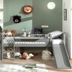 Lit Mi-hauteur Pip 90x200 Cm Avec Toboggan Et étagère Suspendue-gris