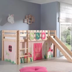 Lit Mi-hauteur Avec Toboggan Astrid Avec Tente Et Sacs De Rangement Spring - Naturel