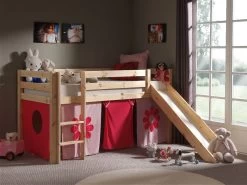 Lit Mi-hauteur Astrid Avec Toboggan & Tente De Lit Fleurs - Naturel