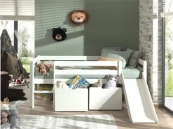 Lit Mi-hauteur Avec Toboggan Pip Avec 2 Tiroirs 90 X 200 Bois De Pin - Blanc -Magasin De Meubles PICOMSLD9014 03 3864