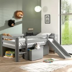 Lit Mi-hauteur Avec Toboggan Pip Avec 2 Tiroirs 90 X 200 Bois De Pin - Gris