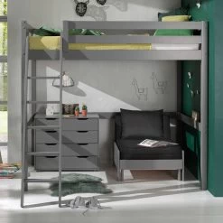 Lit Mezzanine Claire 140x200 Avec Canapé-lit Et Chiffonnier - Gris