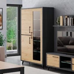 Armoire Vitrée Wiva à éclairage LED - Noir/bois